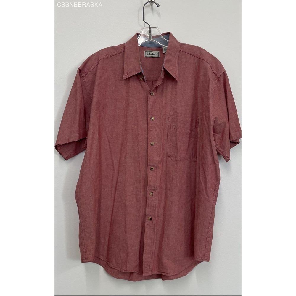L.L. Bean Pink Cotton Short Sleeve Button Down Shirt Pink Men's - Size L‎